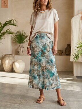 Brynn Walker 100% Linen Midi Skirt Tropical Palm Print Size Medium